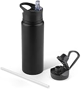 VQRRCKI 24 oz Insulated Water Bottle with Straw Lid & Wide Mouth Lids, Stainless Steel Sports Wat...