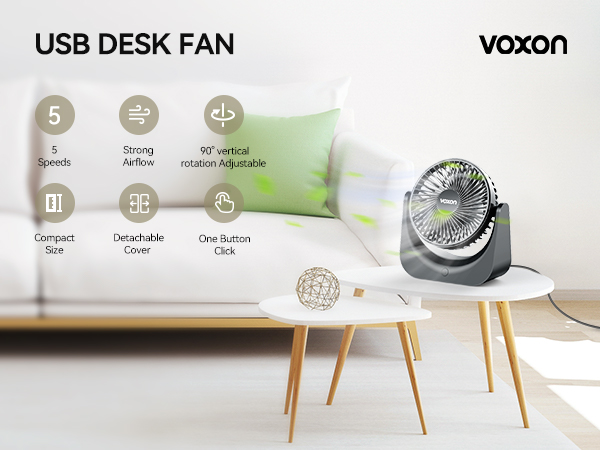 Voxon USB desk fan product display showing features including 5 speeds, strong airflow, and 90-degree rotation capabilities on white surface.