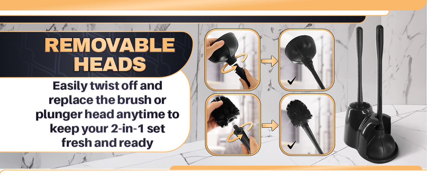 Hands twist off the black heads of a 2 in 1 plunger and brush set beside its upright holder
