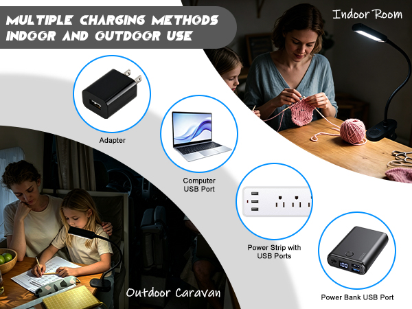 Text reads 'MULTIPLE CHARGING METHODS', 'Indoor Room', 'Outdoor Caravan', and shows charging icons. Product demonstration with multiple circular icons showing different charging options and two portable power banks displayed.
