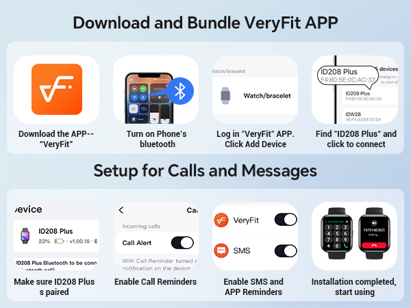 Text reads 'Download and Bundle VeryFit APP' and 'Setup for Calls and Messages'. Mobile app interface screenshots showing setup and configuration steps.