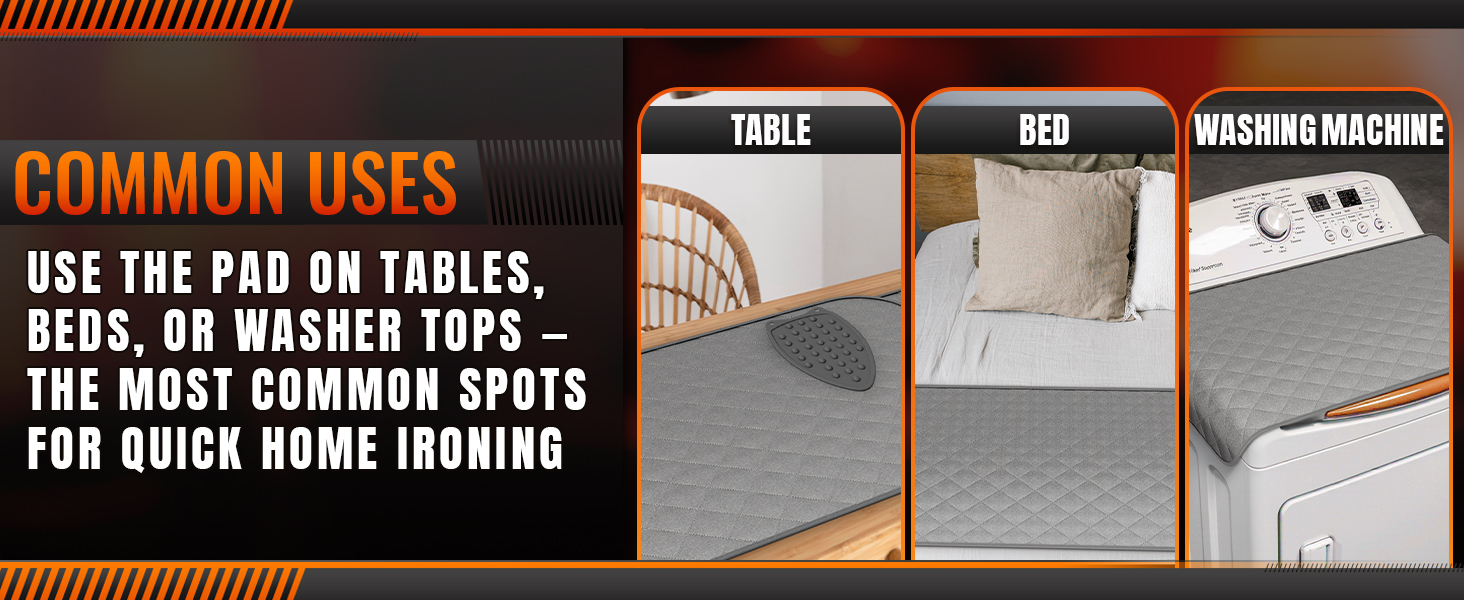 ironing blanket placed on table bed and washing machine for convenient home ironing surfaces