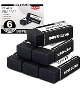Black Erasers, 6 Pack Block Pencil Erasers – Smudge-Free Latex-Free Art Erasers for Kids & Adults...