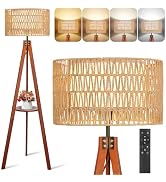 OUTON Boho Rattan Tripod Floor Lamp with Shelves, Remote Control, Dimmable Mid Century Modern Sta...