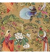 VEELIKE Oriental Ochre Yellow Bird Wallpaper - Vintage Floral Chinoiserie Wallpaper Mural - 17.7'...