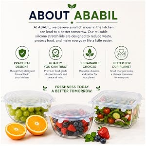 ABABIL brand showcasing reusable silicone stretch lids designed for everyday food storage.