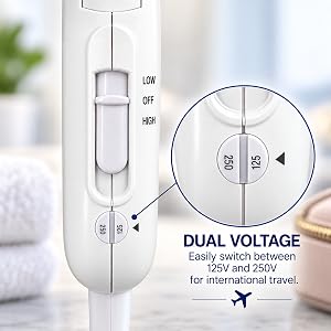 TravelSmart by Conair hair dryer handle showing heat speed switch and dual voltage dial
