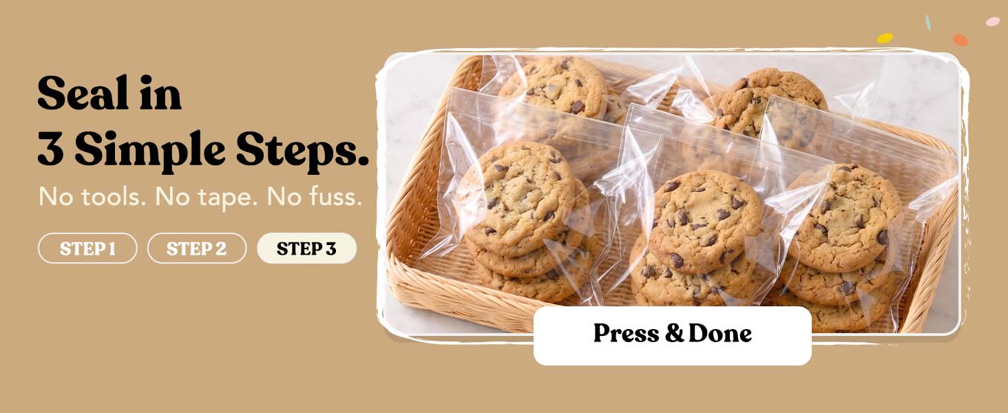 Step 3, press and done: sealed clear cello cookie bags stacked in a woven basket