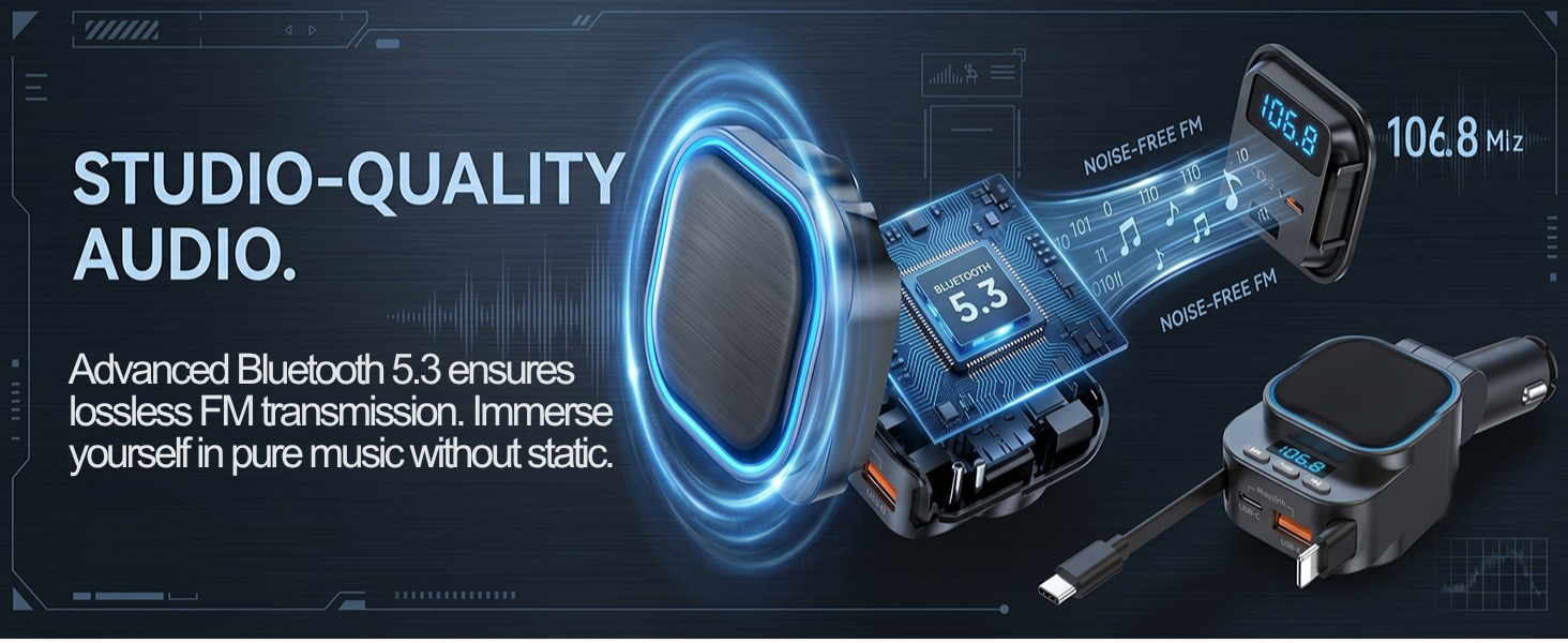 bluetooth 5.3 fm transmitter for car radio noise cancellation lossless audio receiver