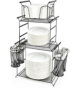 HULISEN 3-Tier Buffet Caddy, 7-Piece Set Stackable Paper Plate and Utensil Holder for Party, Deta...
