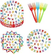75PCS Back to School Party Supplies Set for 25 Guests – 25 7 Inch Alphabet Paper Plates, 25 Napki...