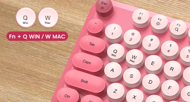 Pink retro keyboard showing Fn shortcuts for switching between Windows and Mac modes.