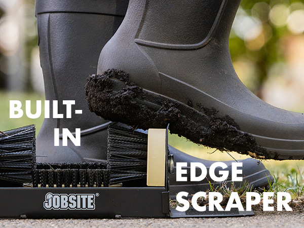 Mud being scraped off a work boot. Text reads "built-in edge scraper"