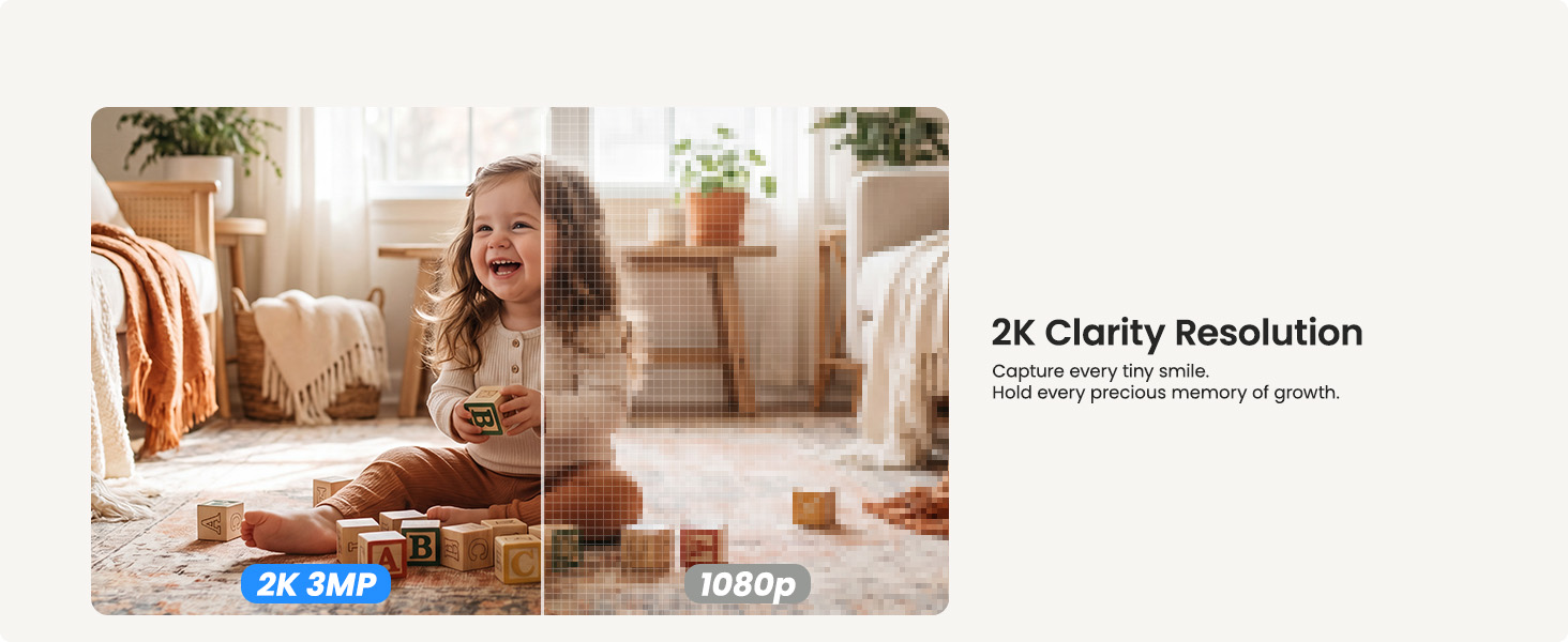 2K sharp baby, clear fingers & block letters (2K 3MP). Right: 1080P blur