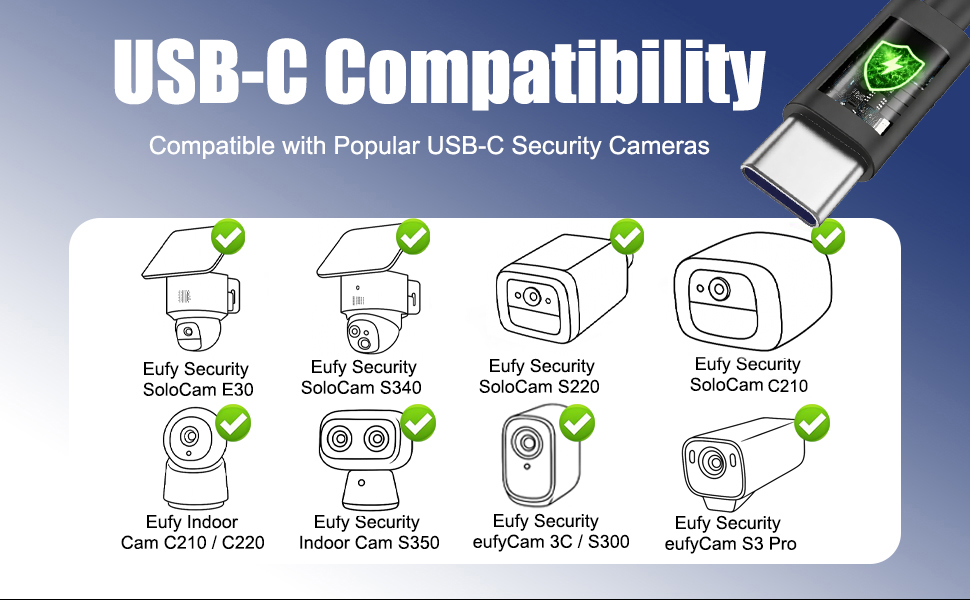 USB-C power cable compatible with Eufy Security SoloCam E30 S340 S220 C210 Indoor Cam C210 C220 S350