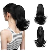 CJL HAIR Claw Clip Ponytail Extension Drawstring Black Short Curly Wavy Fake Faux Pony tails 12 I...