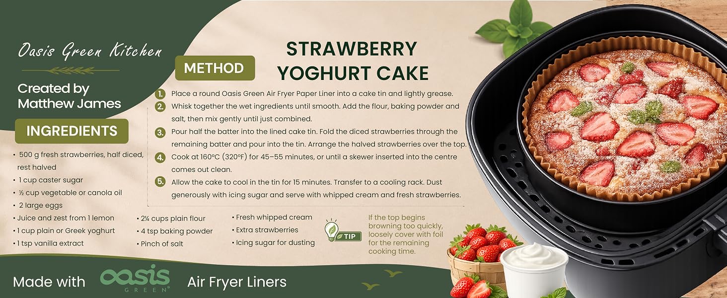 Recipe card for air fryer strawberry yoghurt cake made using Oasis Green air fryer paper liners.