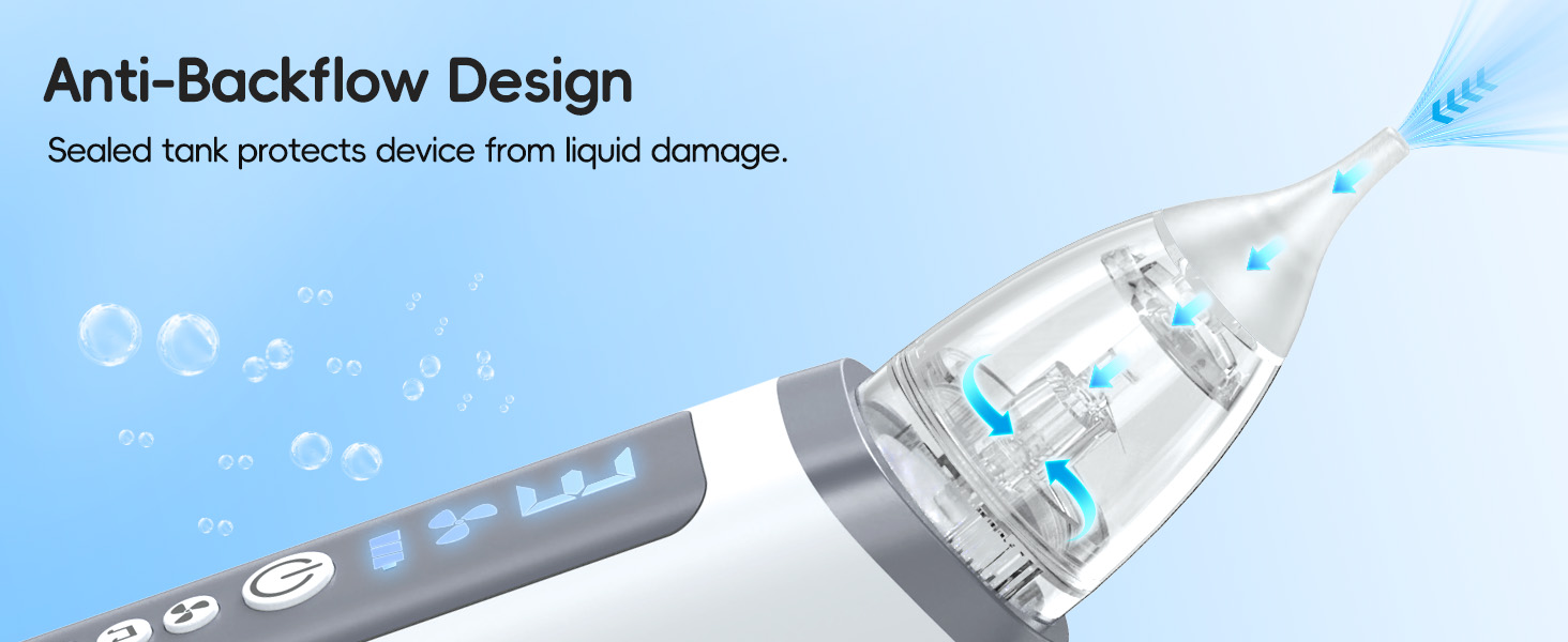 Anti-Backflow Design Sealed tank protects device from liquid damage!