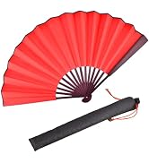 HONSHEN RED Folding Fan,Handheld Chinese Arts Fans,Bamboo Hard Paper Hand Fans with a Fabric Slee...