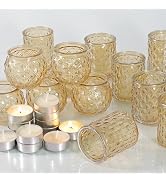 DARJEN 12Pcs Gold Votive Candle Holders with 12Pcs Tea Lights Candles- Glass Candle Holder for Ta...
