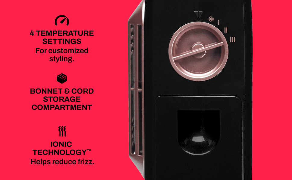 4 temperature settings, bonnet & cord storage compartment, ionic technology