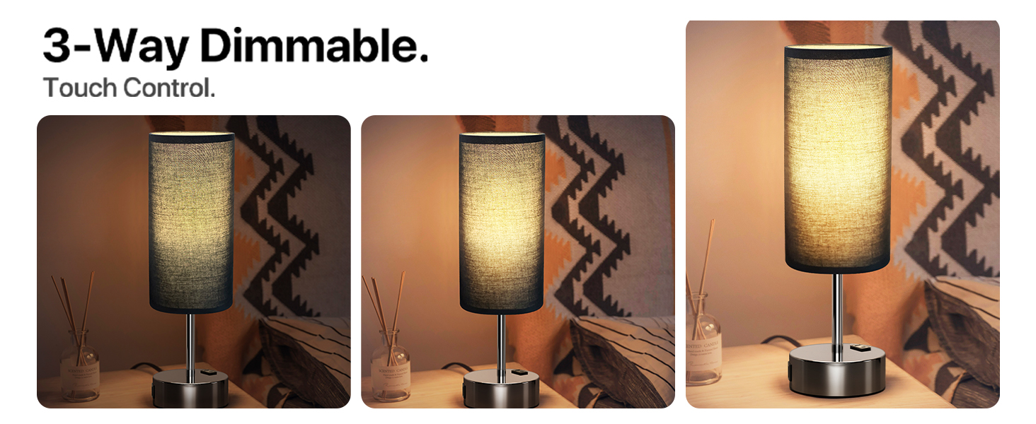 Bedside Lamp Touch Control Table Lamp with USB A+C Charging Ports 3-Way Dimmable Nightstand Lamp