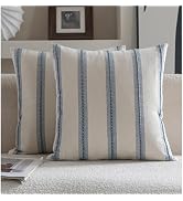 Cethom Boho Throw Pillow Covers 18x18 Set of 2, Beige and Blue Striped Decorative Pillow Cases fo...
