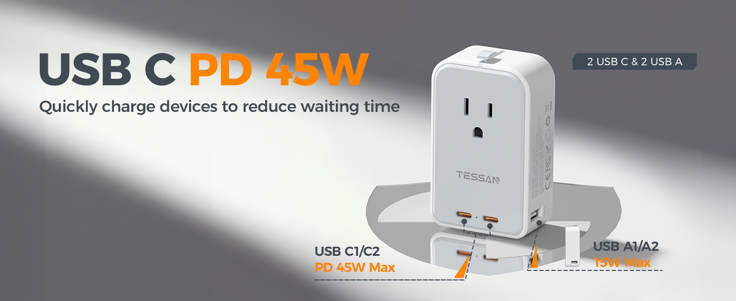 This European travel plug adapter can be expanded to 1 AC outlets and 4 USB ports (2 USB C)