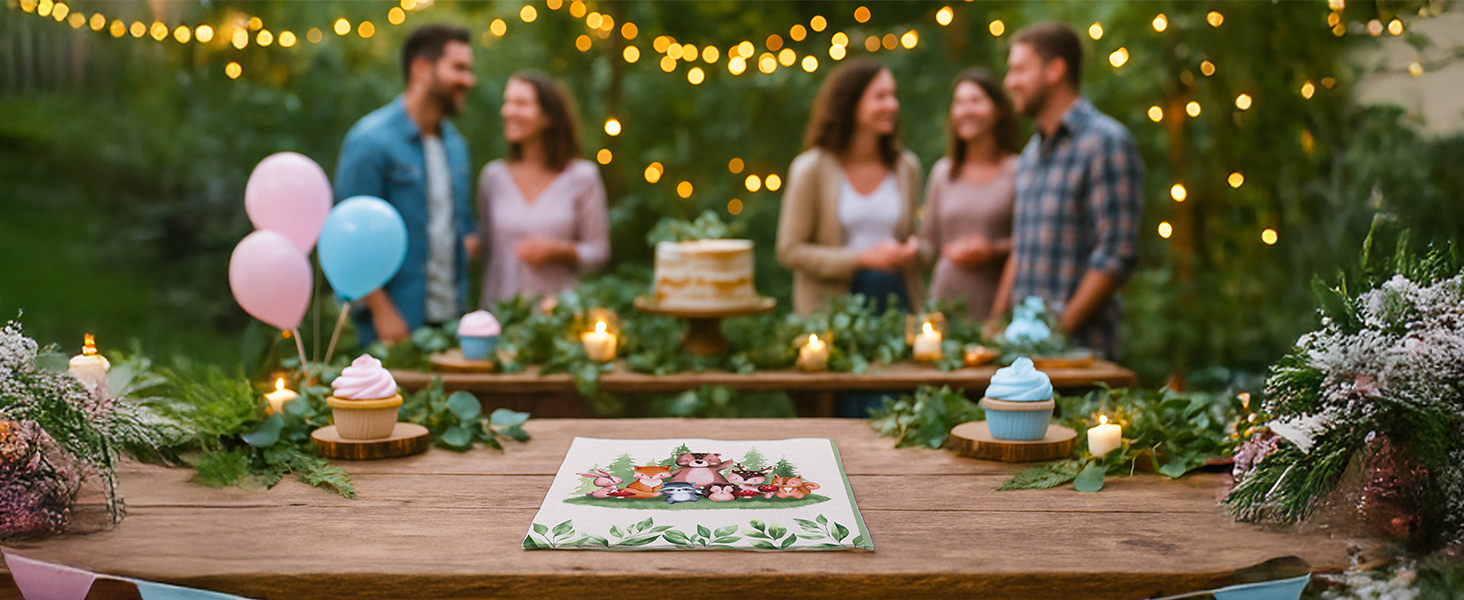 Women at a baby shower using cocktail napkins floral for brunch snacks.