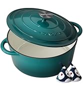 Enameled Cast Iron Dutch Oven - 6QT Pot with Lid & Cotton Potholders - Heavy-Duty Cookware for Br...