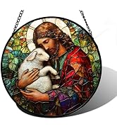 DASTOLL Stained Glass Window Hanging, Jesus Little Lamb Sun Catchers Colorful Glass Panel Christi...