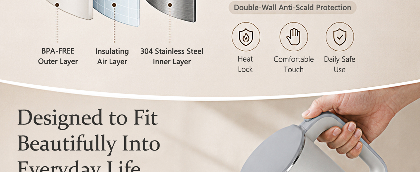 The double wall body helps reduce heat transfer to the exterior for safer everyday handling.