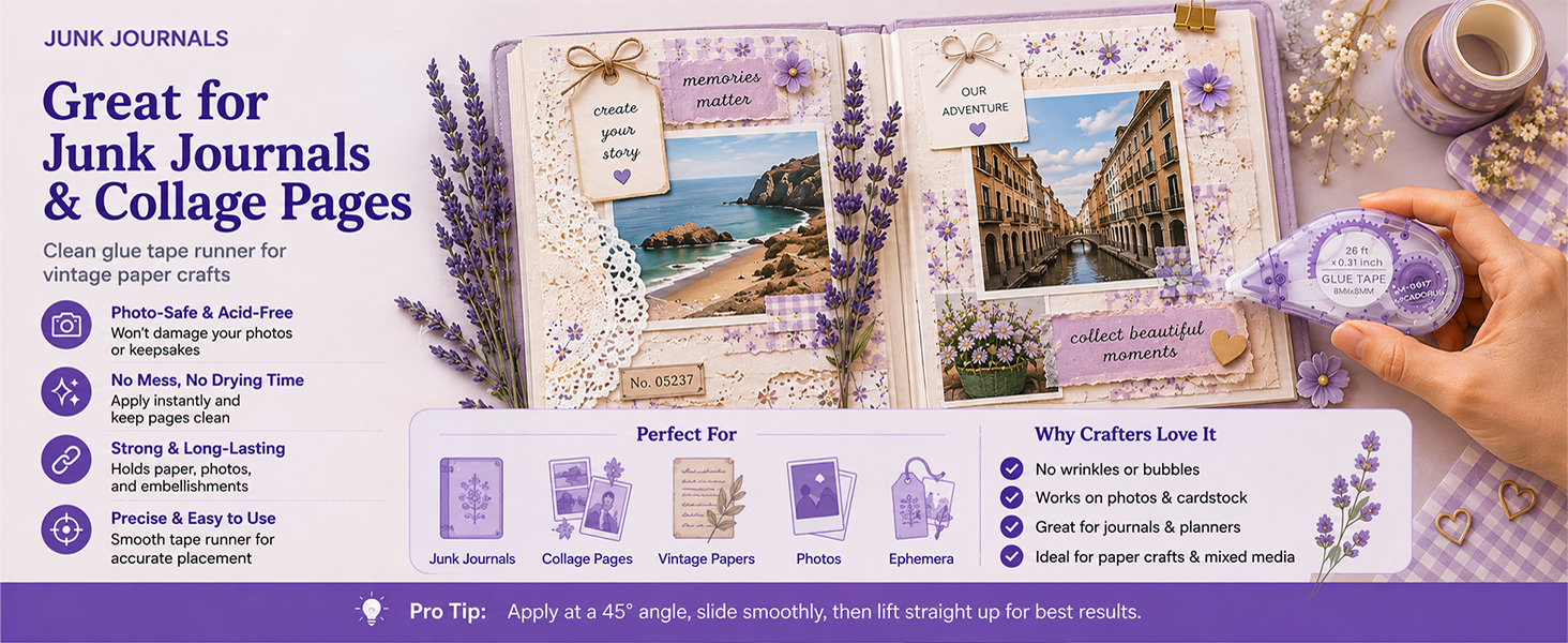 Glue tape runner for junk journals collage pages and keepsakes