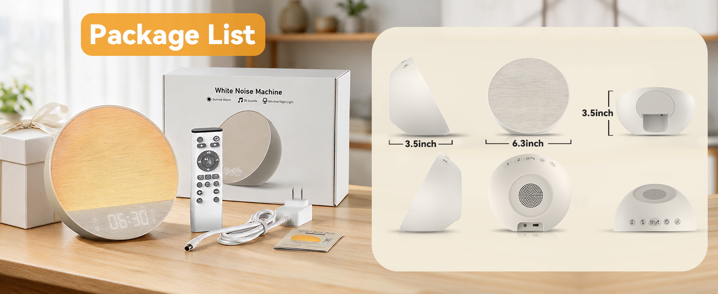 White noise machine unboxing box items including a 3-zone remote and multi-angle dimension view.