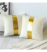Artscope White Beige Velvet Throw Pillow Covers with Gold Leather Stitching Luxury Modern Minimal...