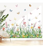 decalmile Green Grass Wall Corner Stickers Plant Flowers Butterflies Baseboard Skirting Line Wall...