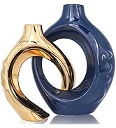 oliruim Navy Blue Home Decor Ceramic Vase, Navy Blue Gold Round Vase with Holes Set of 2, Suitabl...