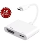 White USB-C to HDMI adapter with 4K badge. Compact device with USB-C input and HDMI output ports for video connectivity.