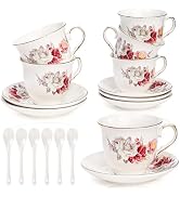 WRINGKIT Tea Cups and Saucers Set of 6, 8 Oz Porcelain Floral Tea Cups with Gold Trim Spoon, Bone...