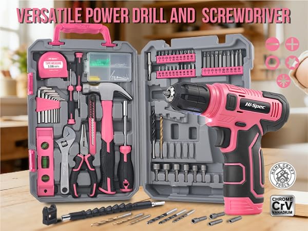 Pink Tool Set with 8V Drill Set. Complete Cordless & Rechargeable USB Electric Drill Driver Kit