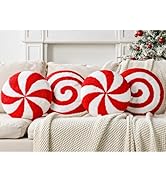 Christmas Decorations Plush Throw Pillows: Set of 4 Cute Teddy Fleece Red White Peppermint Candy ...