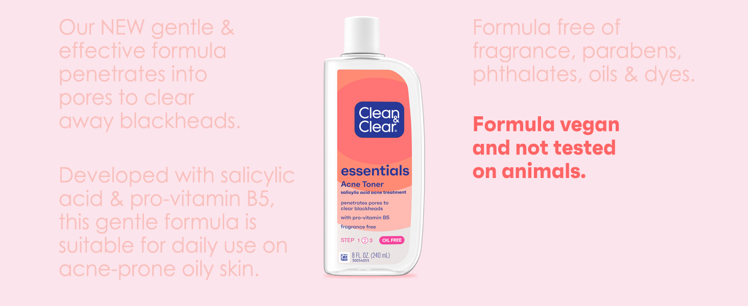 bottle of Clean & Clear Essentials Acne Toner on coral colored background, formula vegan