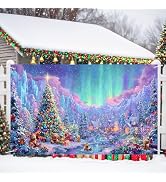 71x43 Inch Merry Christmas Banner Outdoor Decoration – Large Winter Village Backdrop with Christm...