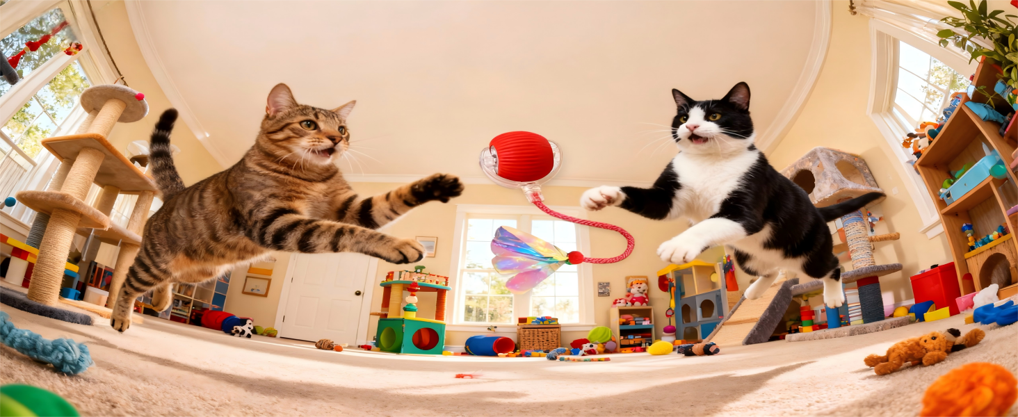 Fisheye view of two cats jumping and playing with red toy ball in colorful cat room