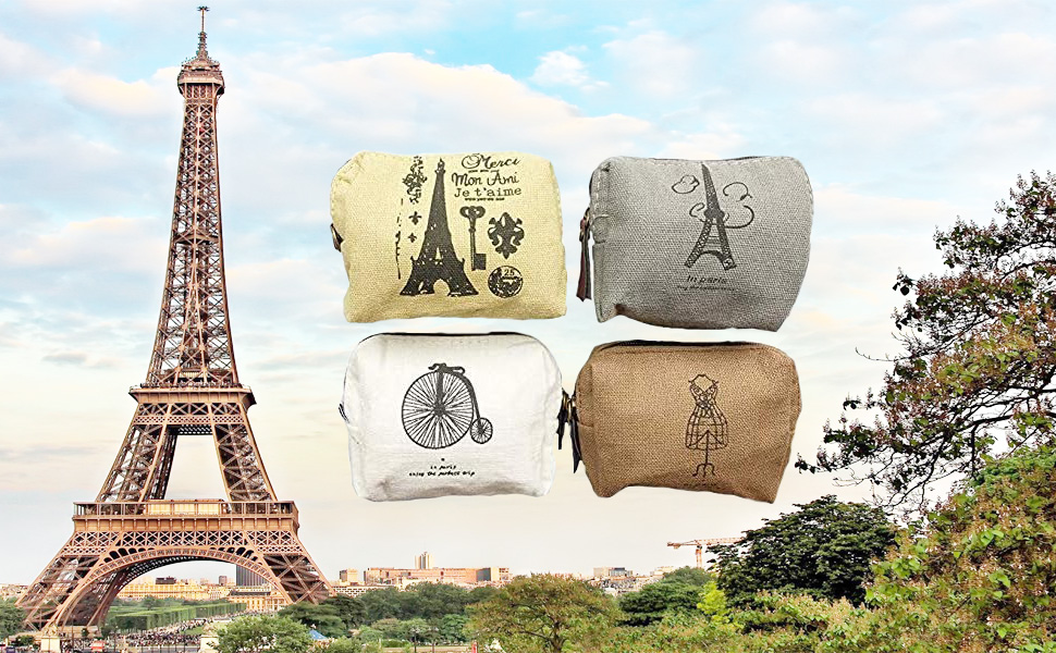 iToolai Canvas Coin Bags Women's Small Change Cash Purse Wallets (Set of 4, Paris)