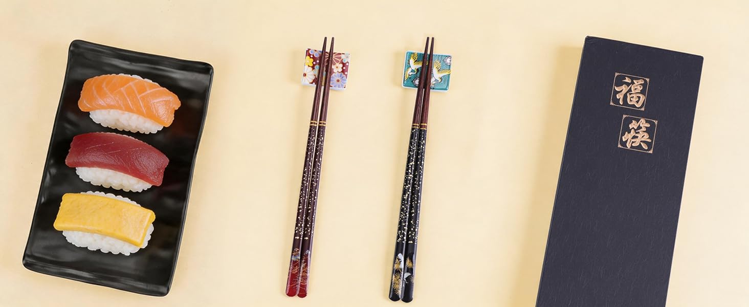Reusable Wooden Chopsticks Set with Ceramic Rests