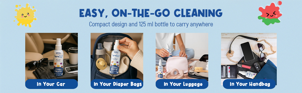 Portable stain treater spray and stain remover for on the go cleaning in bags, cars, and travel