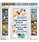 JarThenaAMCS Outer Space Astronaut Door Stickers Cute Rocket Planet Wall Decals Large Mural Stick...