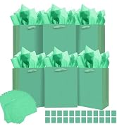 qiqee 24pcs Lake Green Gift Bags with Tissue Paper for Wedding, Birthday, Party Supplies-7.9"x4.3...
