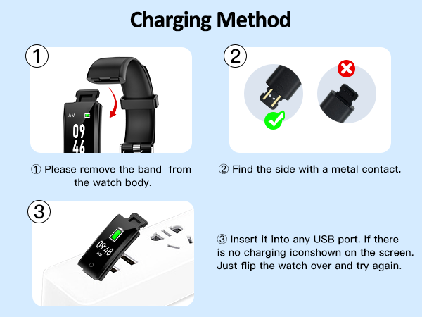 Instructional diagram showing three steps for charging a fitness tracker, including band removal and USB charging orientation.